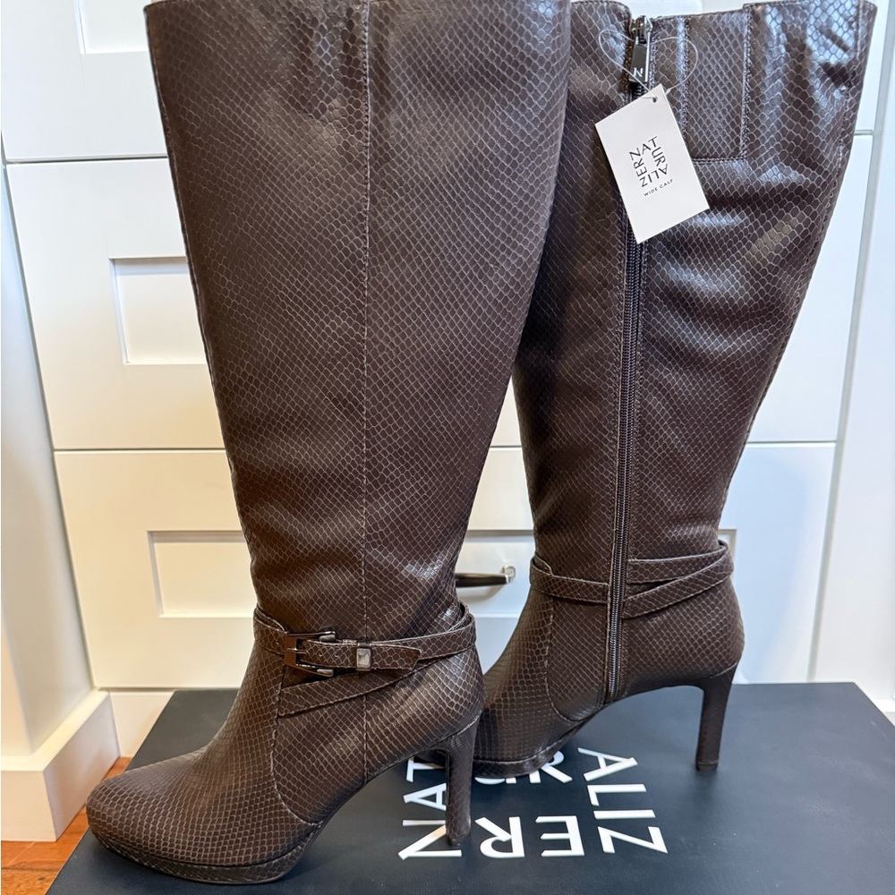 Naturalizer Dark Brown Textured Heeled Boots (Wide Calf)